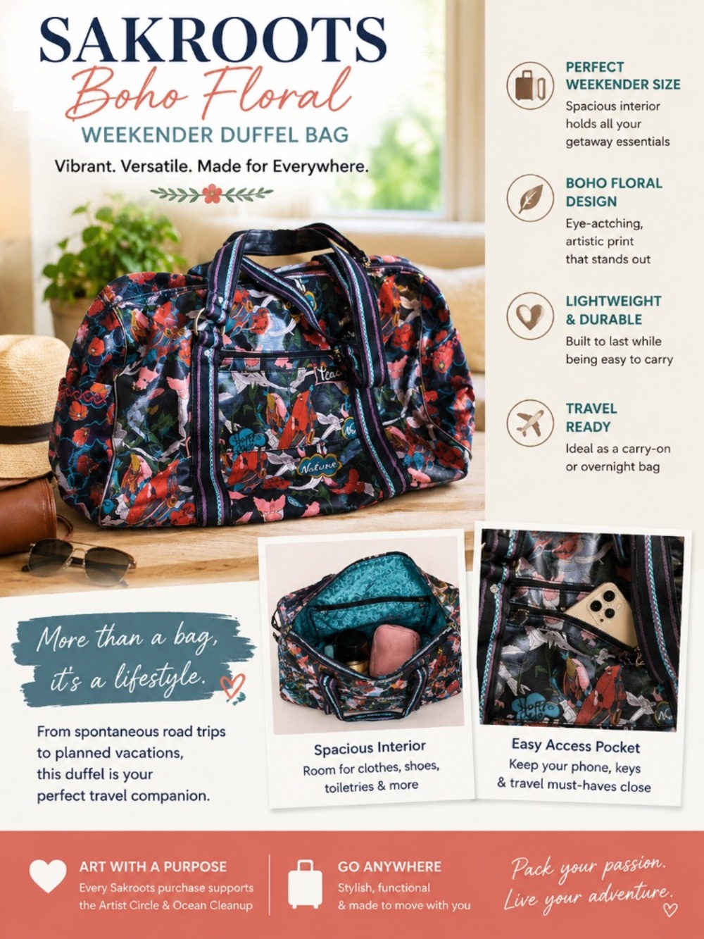 Sakroots Boho Floral Weekender Duffel Bag Travel Gym Tote Coated Canvas